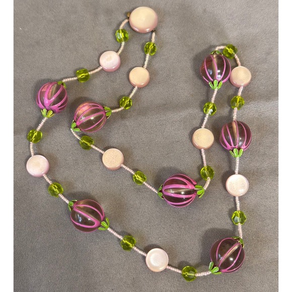 Jewelry - Vintage Pink Green Melon Bead Necklace Garden Floral Eclectic Statement 30 Inch